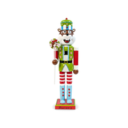 Buc-ee the Beaver Christmas nutcracker in green and peppermint striped uniform, on white