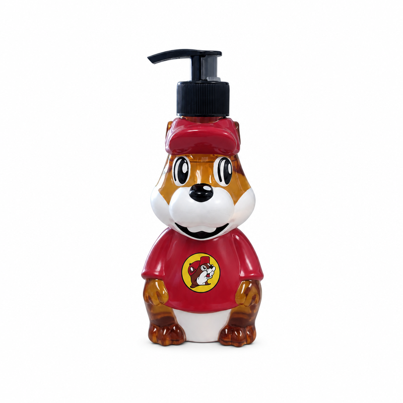 Buc-ee's Honey Almond hand soap in an amber beaver figurine pump bottle with a red cap and logo T-shirt