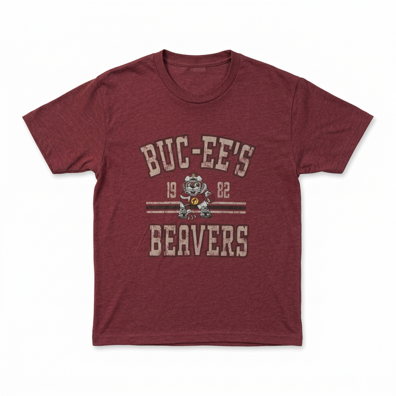 Buc-ee’s Beaver Football T-shirt in heather maroon with a distressed “Buc-ee’s 1982 Beavers” varsity print and helmeted beaver player
