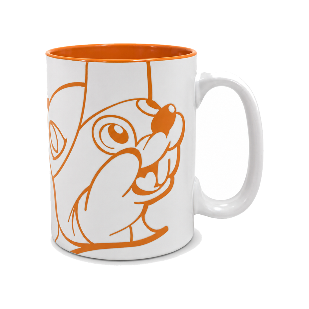 Buc-ee's beaver logo ceramic mug in white with an orange interior and raised orange line-art beaver design