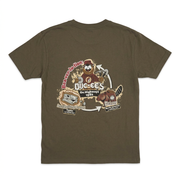 Back of Buc-ee’s Beaver-lu-tion Shirt in olive with fossil skull, beaver, and mascot in an evolution cycle graphic