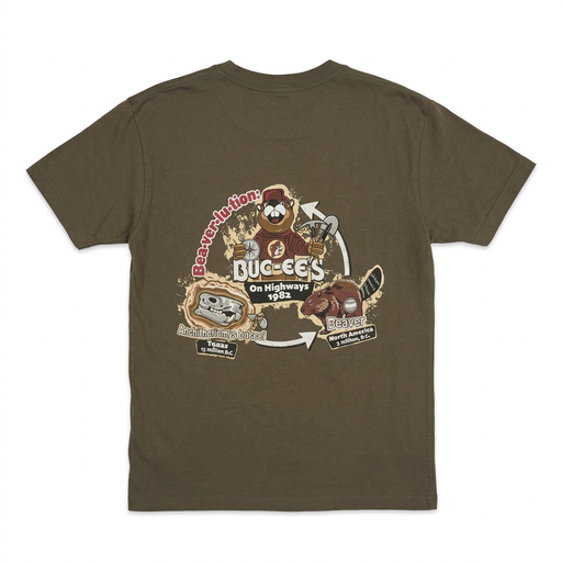 Back of Buc-ee’s Beaver-lu-tion Shirt in olive with fossil skull, beaver, and mascot in an evolution cycle graphic