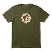 Front of Buc-ee’s Beaver-lu-tion Shirt in olive with distressed tan circle beaver logo on the chest