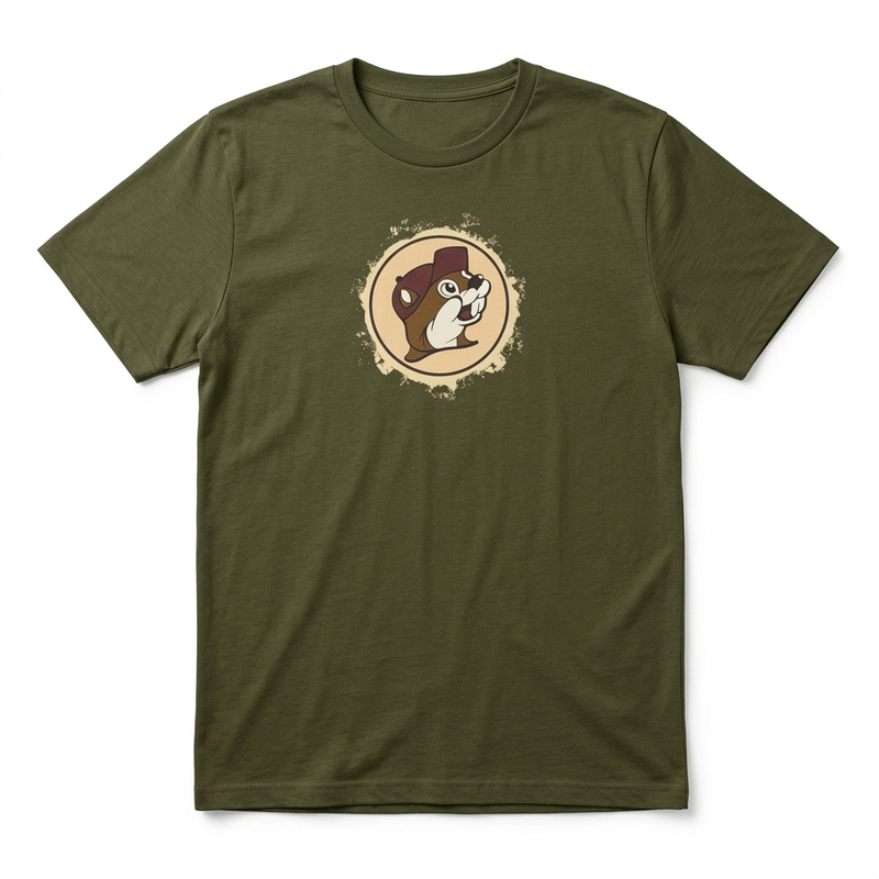 Front of Buc-ee’s Beaver-lu-tion Shirt in olive with distressed tan circle beaver logo on the chest