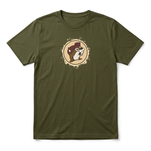 Front of Buc-ee’s Beaver-lu-tion Shirt in olive with distressed tan circle beaver logo on the chest