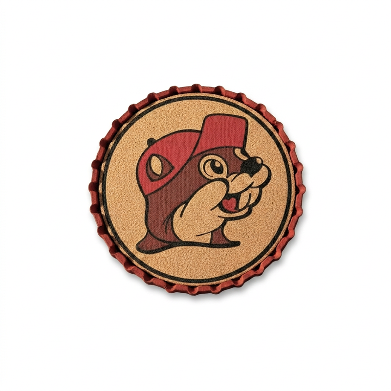 Top view of Buc-ee’s bottle cap coaster showing the full beaver mascot print on cork inside the red ridged rim
