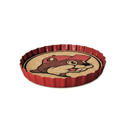 Buc-ee’s beaver bottle cap coaster in red metal with a crimped edge and cork center showing the mascot’s face
