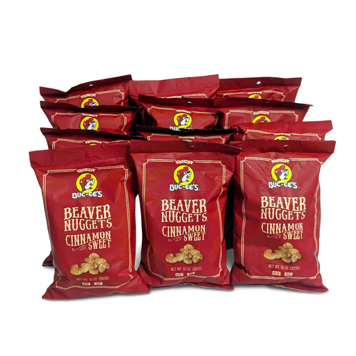 Buc-ee’s Beaver Nuggets Cinnamon Sweet, a case of 12 red 10 oz bags of cinnamon puff snacks for sharing or gifting