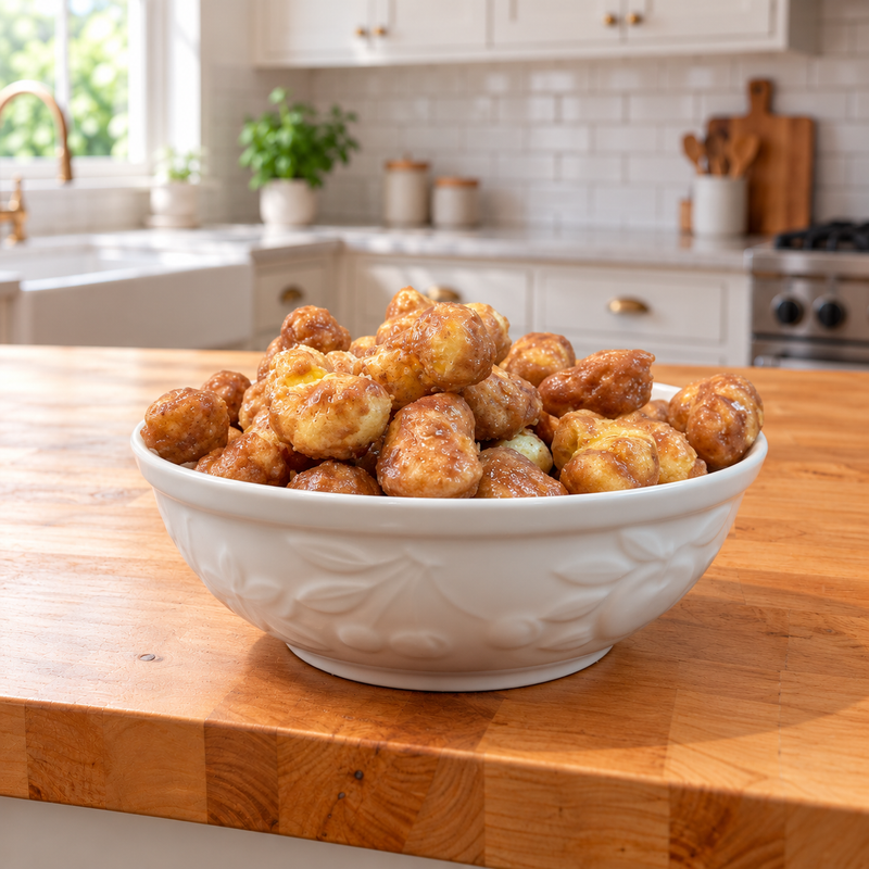 Buc-ee’s Beaver Nuggets Cinnamon Sweet puffs with a glossy brown glaze in a white bowl on a wooden kitchen counter