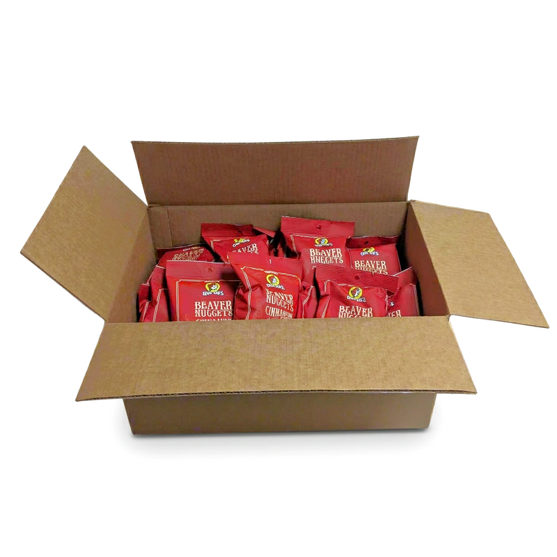Buc-ee’s Beaver Nuggets Cinnamon Sweet case, with red 3 oz bags packed in an open cardboard shipping box