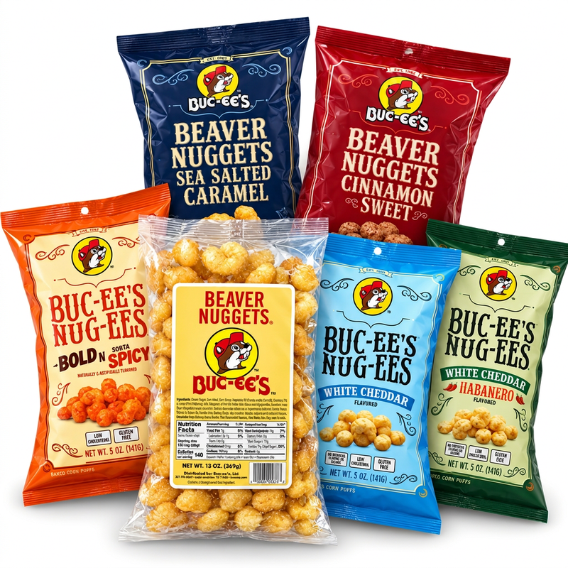 Buc-ee’s Beaver Nuggets and Nug-ees snack bundle: six bags including original, caramel, cinnamon, spicy, and white cheddar, habanero corn puffs