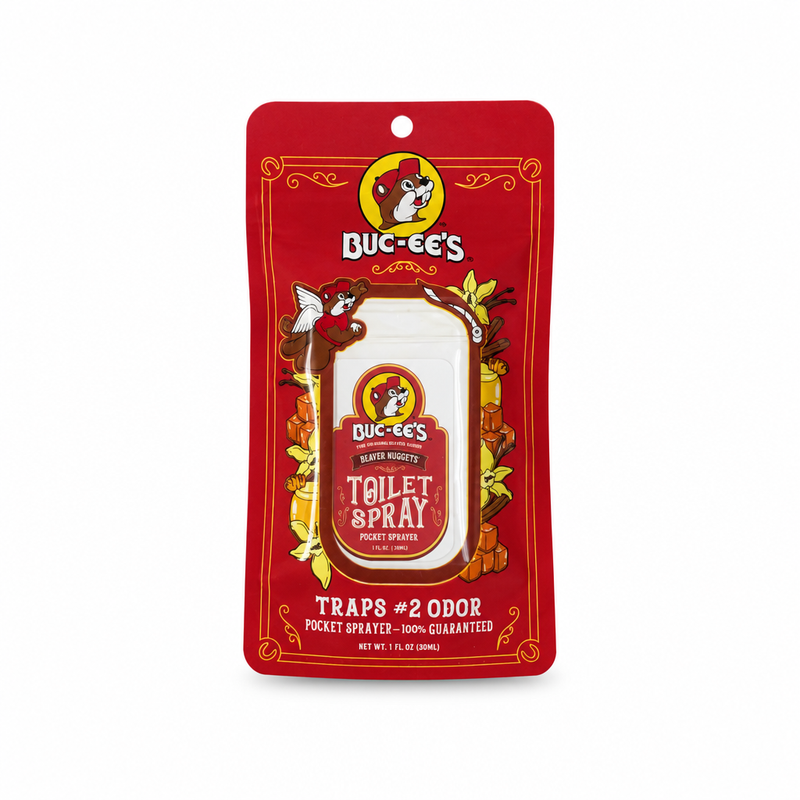 Buc-ee's Beaver Nuggets scented toilet spray, 1 fl oz pocket sprayer in a red retail pouch with a clear window