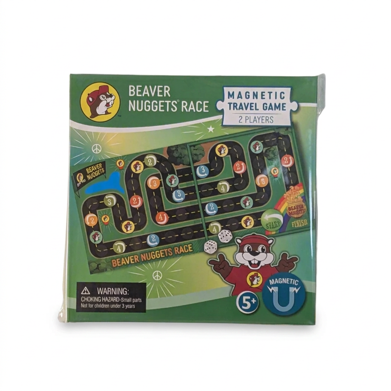 Buc-ee’s Beaver Nuggets Race magnetic travel game for 2 players, ages 5 and up, with a winding road board and dice