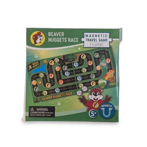 Buc-ee’s Beaver Nuggets Race magnetic travel game for 2 players, ages 5 and up, with a winding road board and dice