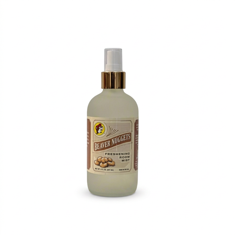 Buc-ee’s Beaver Nuggets Freshening Room Mist in a frosted bottle with a gold-tone spray top and a vintage-style label