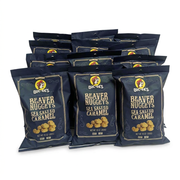 Buc-ee’s Beaver Nuggets Sea Salted Caramel, a case of 12 navy 10 oz bags of caramel puff snacks for sharing or gifting