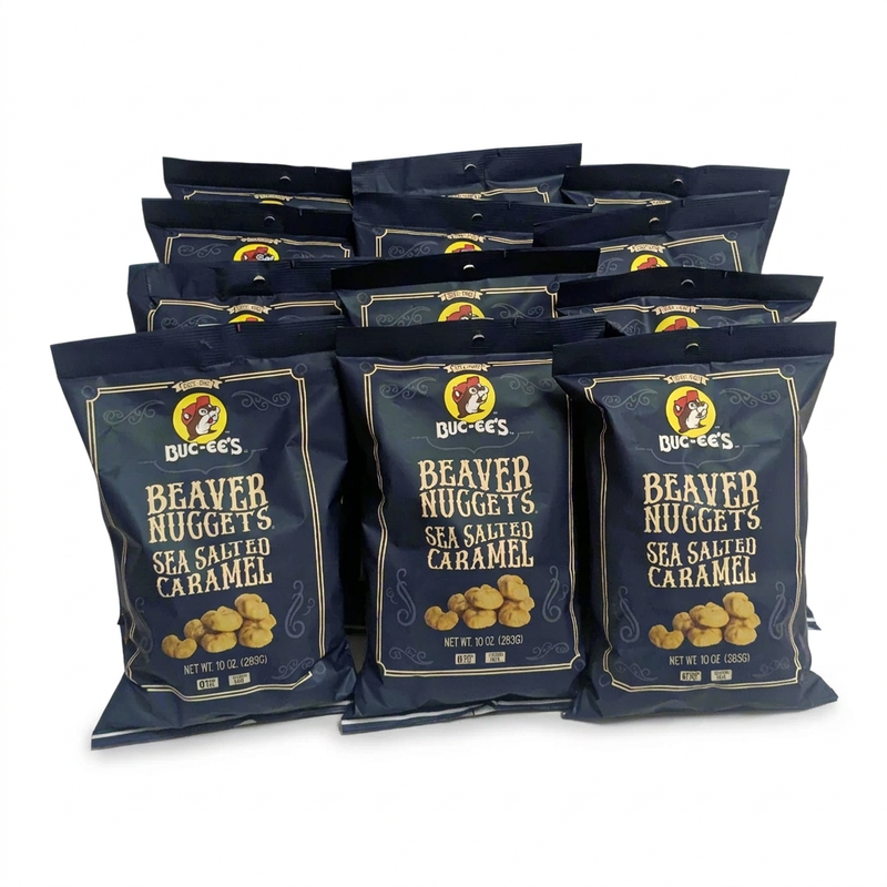 Buc-ee’s Beaver Nuggets Sea Salted Caramel, a case of 12 navy 10 oz bags of caramel puff snacks for sharing or gifting