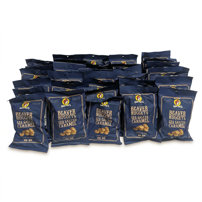 Buc-ee’s Beaver Nuggets Sea Salted Caramel, a case of 48 navy 3 oz snack bags for lunchboxes, road trips or sharing