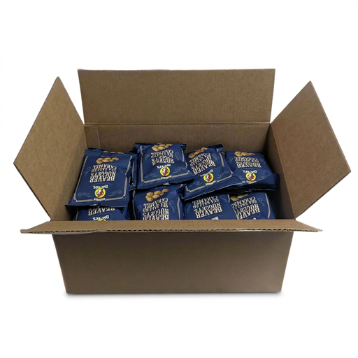 Buc-ee’s Beaver Nuggets Sea Salted Caramel case, with navy 3 oz bags packed in an open cardboard shipping box