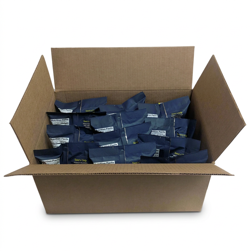 Buc-ee’s Beaver Nuggets Sea Salted Caramel case, with navy 10 oz bags packed in an open cardboard shipping box