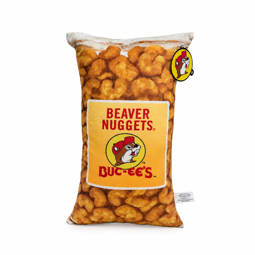 Buc-ee's Beaver Nuggets pillow shaped like the snack bag, with a corn puff print and the beaver logo label