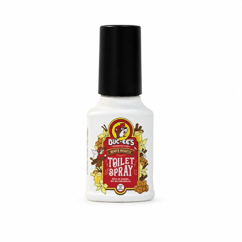 Buc-ee's Beaver Nuggets Toilet Spray, 4.5 fl oz white bottle with black cap, caramel, sea salt and vanilla scent