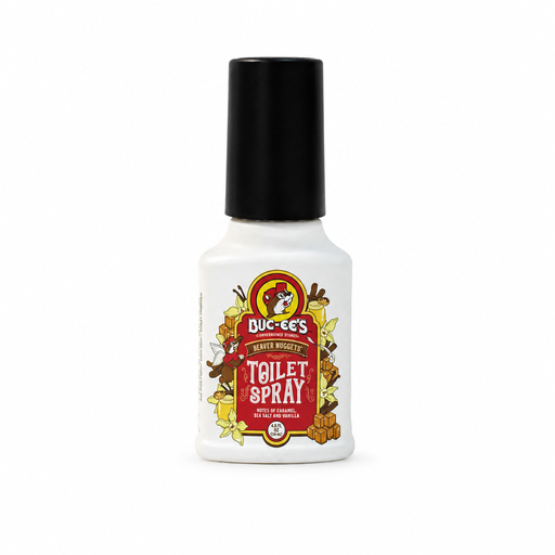 Buc-ee's Beaver Nuggets Toilet Spray, 4.5 fl oz white bottle with black cap, caramel, sea salt and vanilla scent