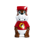 Buc-ee's beaver mascot in a red cap and red shirt with yellow beaver logo, glossy brown and white finish sipper