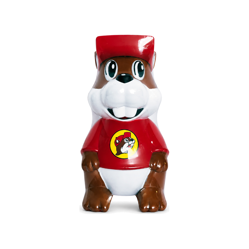 Buc-ee's beaver mascot in a red cap and red shirt with yellow beaver logo, glossy brown and white finish sipper