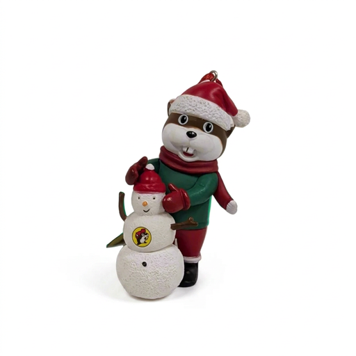 Buc-ee’s Beaver Snowman Christmas ornament of the beaver in a Santa hat and scarf building a snowman with the logo