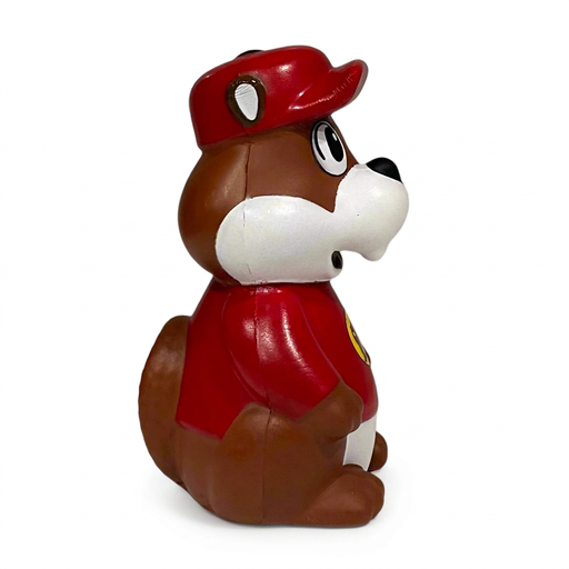 Buc-ee’s Beaver Squish Toy in side profile, showing the cap brim, rounded snout, and brown beaver tail