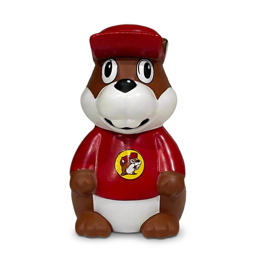 Buc-ee’s Beaver Squish Toy shaped like the seated beaver mascot in a red cap and red shirt with a yellow chest logo