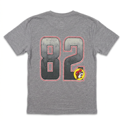 Back of Buc-ee’s Beaver Football Shirt with large distressed jersey number 82 outlined in red and small beaver logo