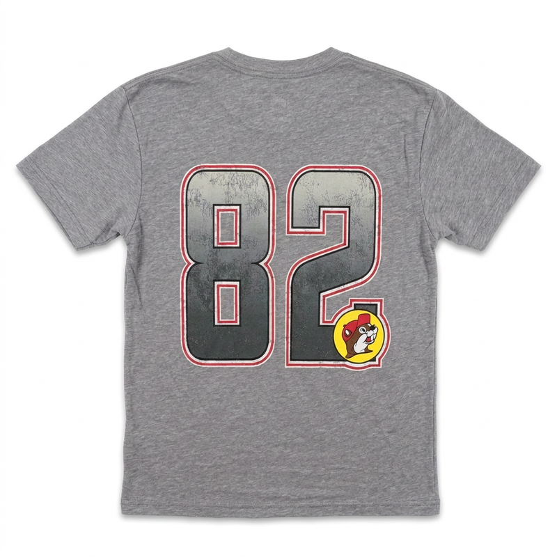 Back of Buc-ee’s Beaver Football Shirt with large distressed jersey number 82 outlined in red and small beaver logo