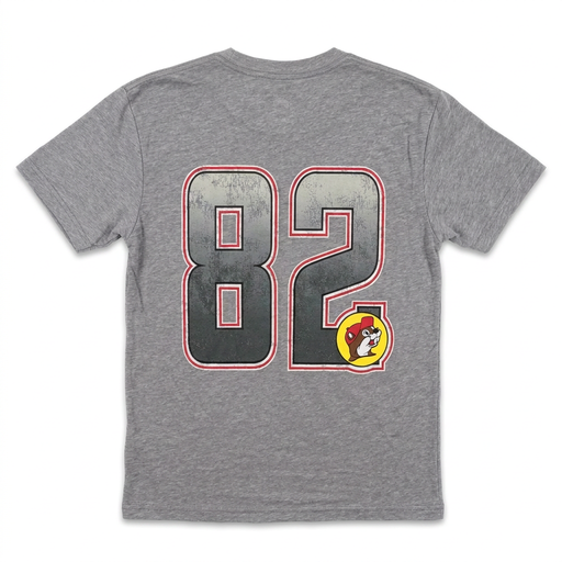 Back of Buc-ee’s Beaver Football Shirt with large distressed jersey number 82 outlined in red and small beaver logo