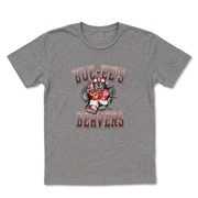 Buc-ee’s Beaver Football Shirt in heather gray with beaver in red football uniform breaking through a wall