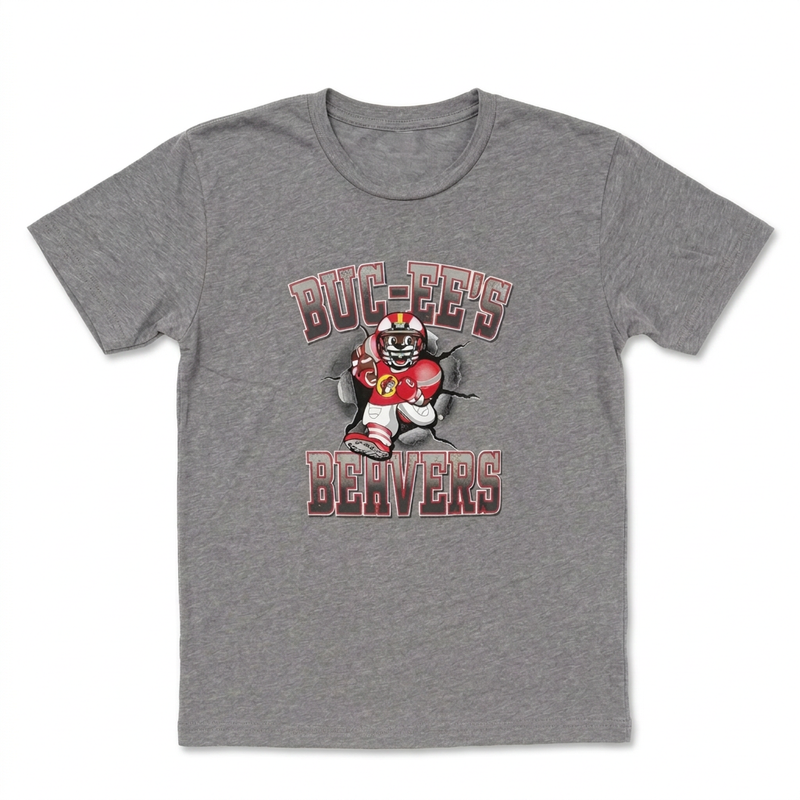 Buc-ee’s Beaver Football Shirt in heather gray with beaver in red football uniform breaking through a wall