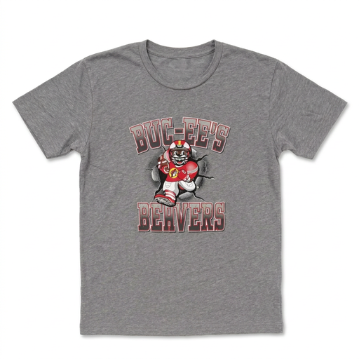 Buc-ee’s Beaver Football Shirt in heather gray with beaver in red football uniform breaking through a wall
