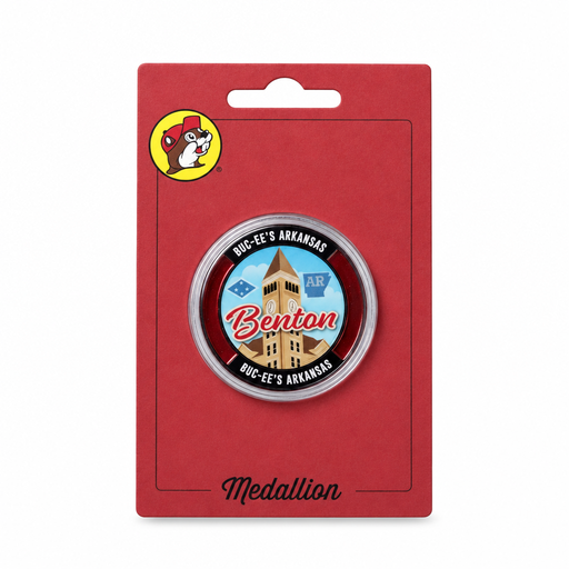 Buc-ee's Benton, Arkansas collectible medallion featuring a clock tower and AR state design in a clear case on a red backing card