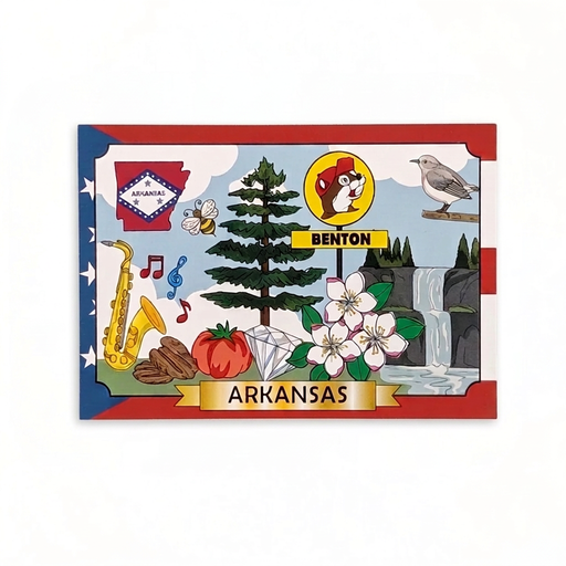 Buc-ee’s Benton, Arkansas postcard with a beaver logo sign, state flag, pine tree, mockingbird, apple blossoms, and a waterfall