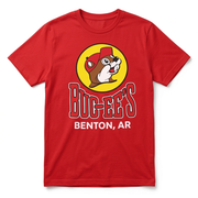 Buc-ee’s red Benton, Arkansas location t-shirt with the yellow beaver logo, red wordmark, and “Benton, AR”