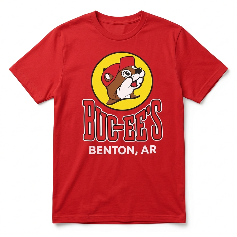 Buc-ee’s red Benton, Arkansas location t-shirt with the yellow beaver logo, red wordmark, and “Benton, AR”