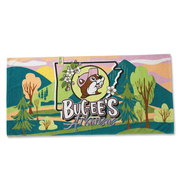 Buc-ee’s Benton Arkansas Towel with a pastel mountain and forest scene, apple blossoms, and the beaver logo on an Arkansas state outline