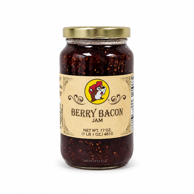 Jar of Buc-ee's Berry Bacon Jam, 17 oz, with gold lid and Buc-ee's label, on white