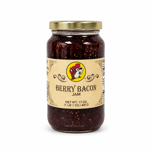 Jar of Buc-ee's Berry Bacon Jam, 17 oz, with gold lid and Buc-ee's label, on white