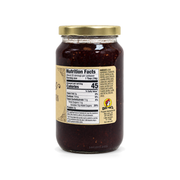 Back of Buc-ee's Berry Bacon Jam jar showing the nutrition facts label, on white