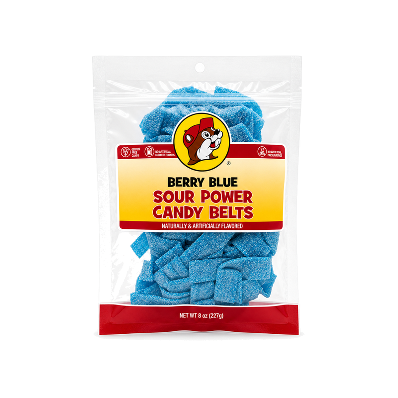 Buc-ee's Berry Blue Sour Power Candy Belts, 8 oz clear bag of sugar-coated blue sour candy strips, gluten free