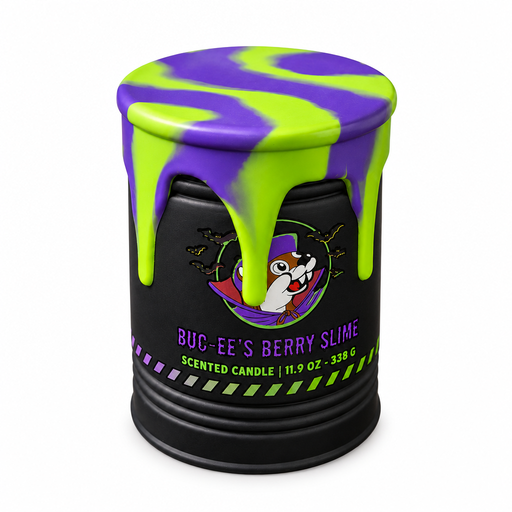 Buc-ee's Berry Slime scented candle, 11.9 oz, in a black jar with a purple and green slime drip lid and vampire beaver logo