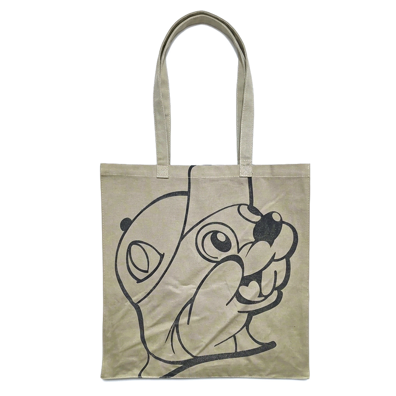 Buc-ee’s big face logo tote bag in sage green with oversized black line-art beaver mascot and long shoulder straps
