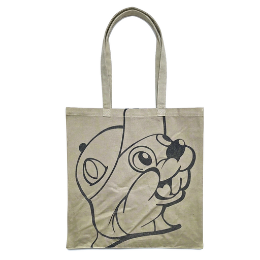 Buc-ee’s big face logo tote bag in sage green with oversized black line-art beaver mascot and long shoulder straps

